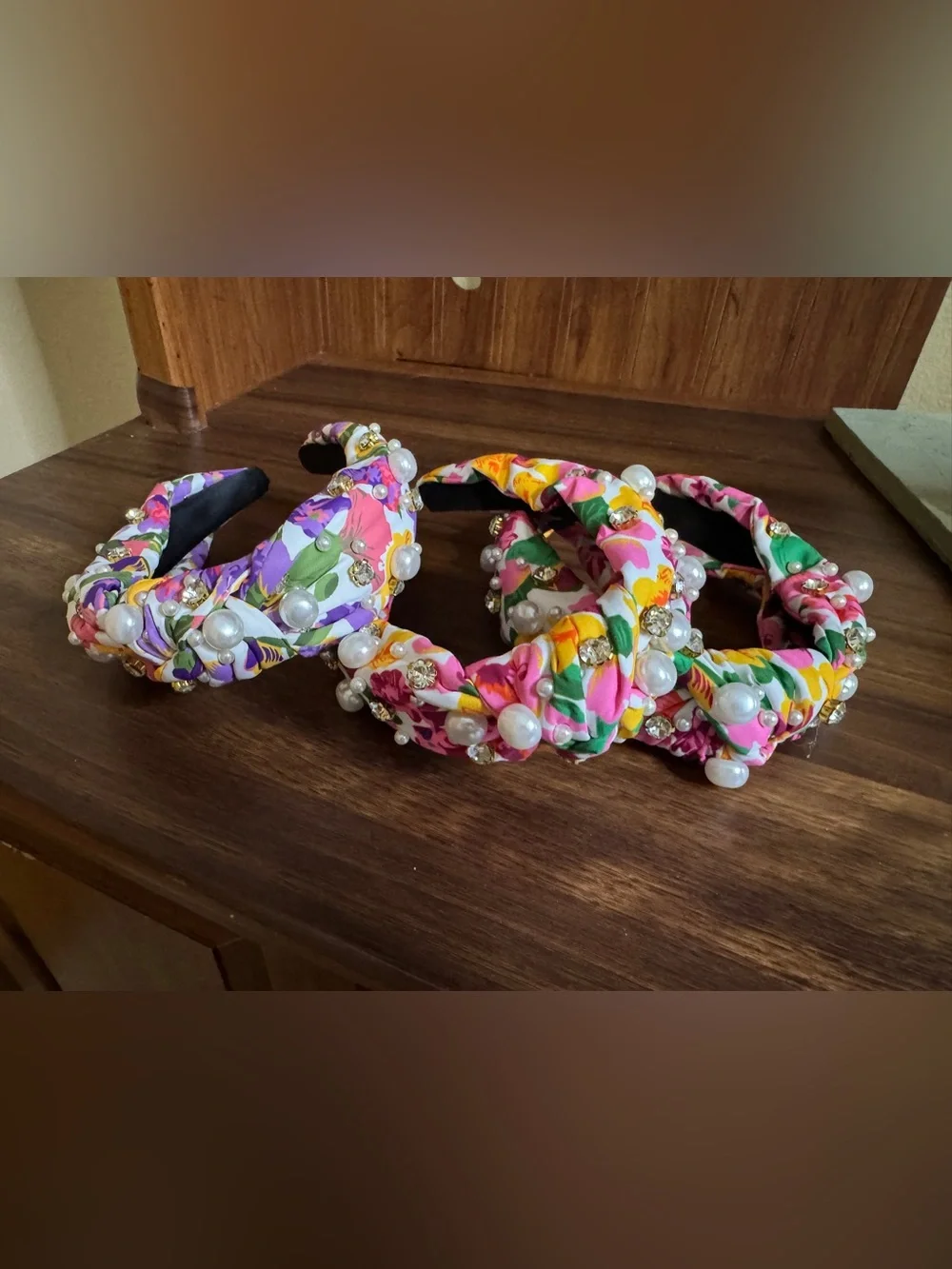 3 Floral Pearl & Rhinestone Knotted Headband - Pink Multi